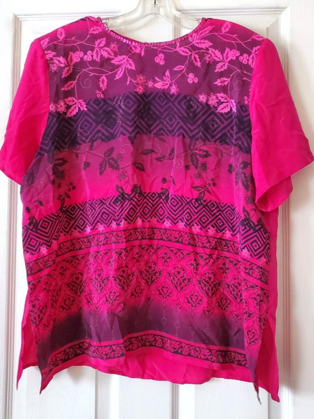 VINTAGE DIANE GILMAN SILK SEQUIN FUCSIA PURPLE TOP SHORT SLEEVE BLOUSE 1X NWOT